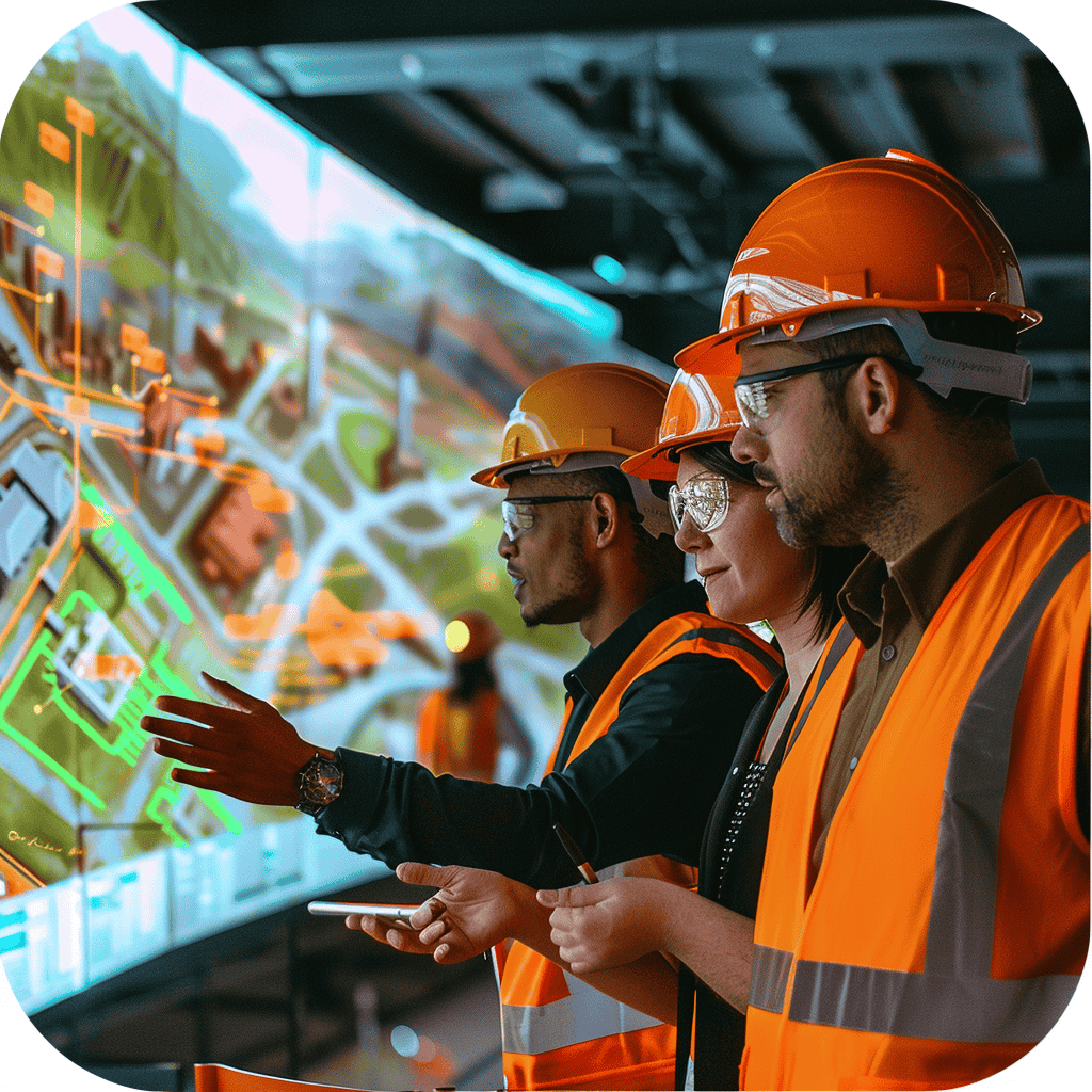 Three individuals in hard hats and safety vests discuss a detailed, AI-generated 3D map displayed on a large screen in a control room, focusing on its implications for civil engineering projects amidst climate change concerns.